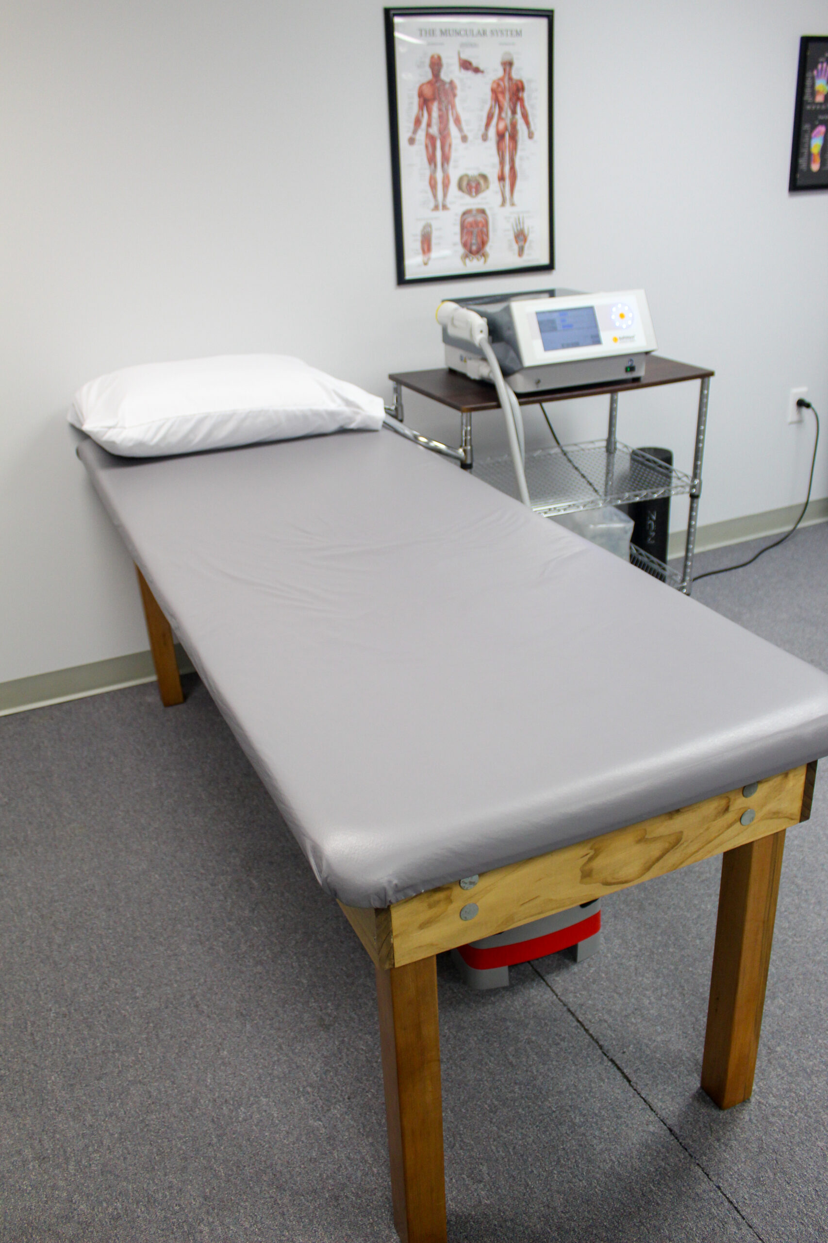 Picture of a grey physical therapy table.